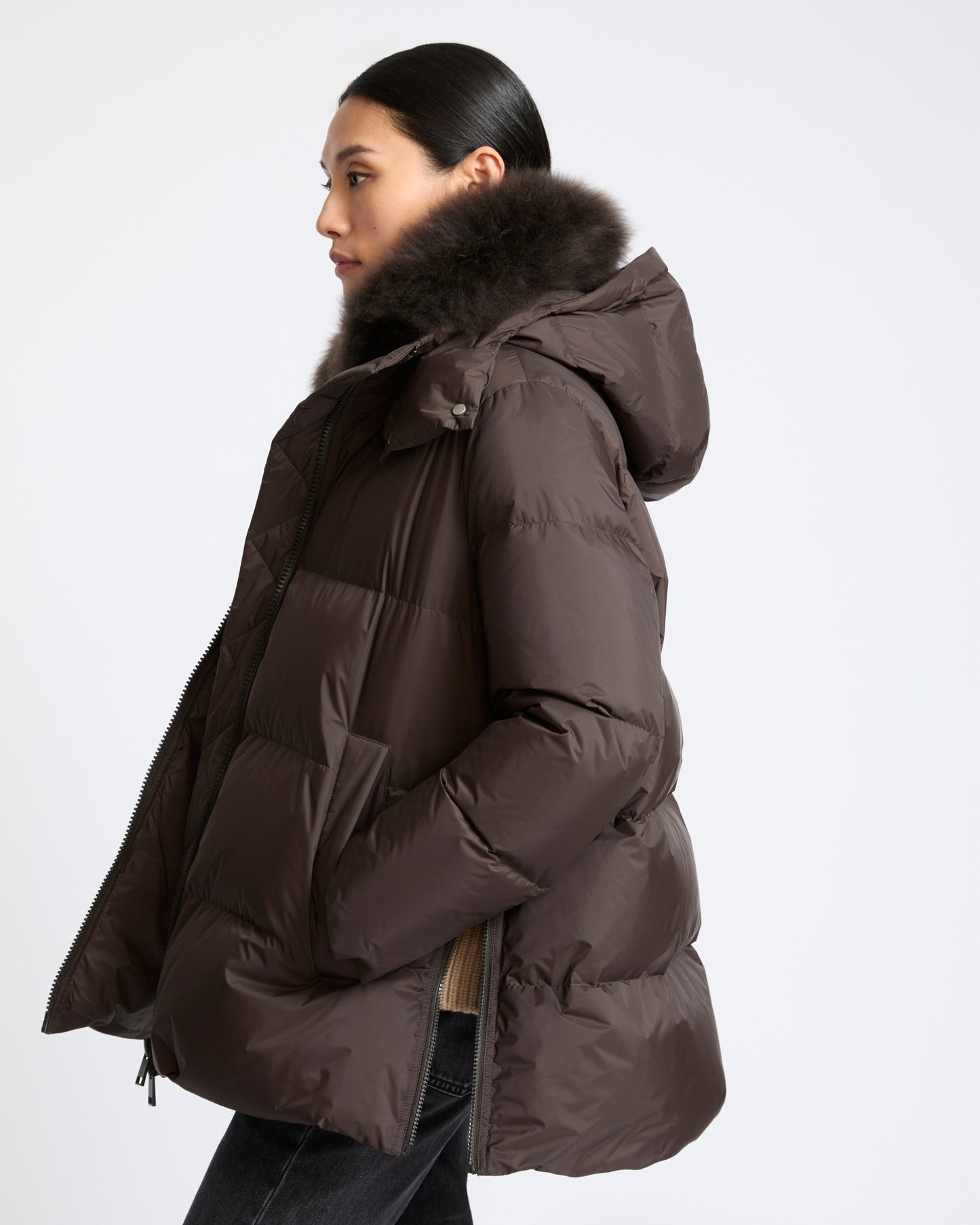 A-line down jacket in waterproof technical fabric with airy lambswool trim - Yves Salomon - New Fall Winter Collection