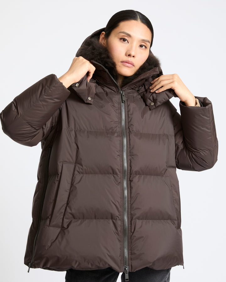 A-line down jacket in waterproof technical fabric with airy lambswool trim - Yves Salomon - New Fall Winter Collection