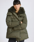 A-line down jacket in waterproof technical fabric with airy lambswool trim