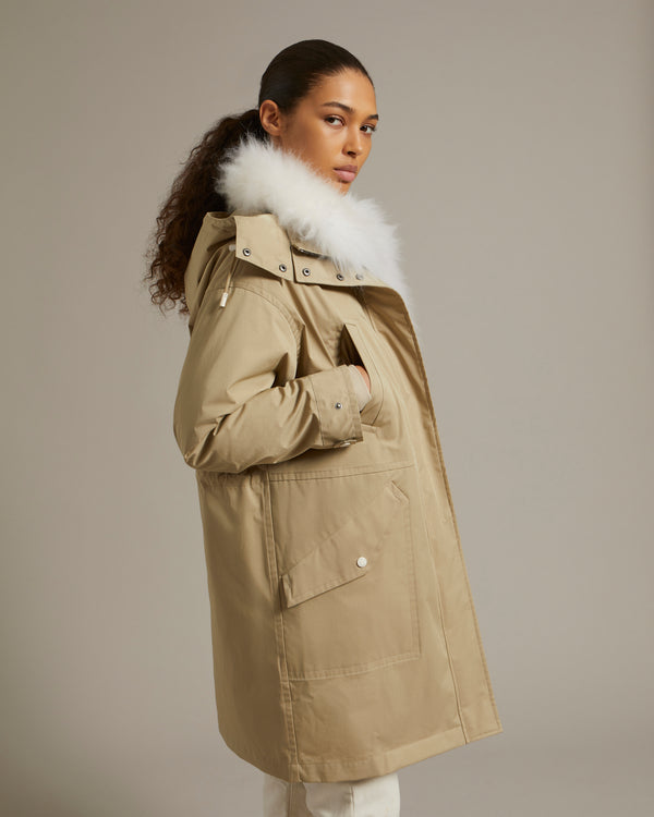 Boxy parka in weather-resistant technical fabric with fluffy lambswool dickey
