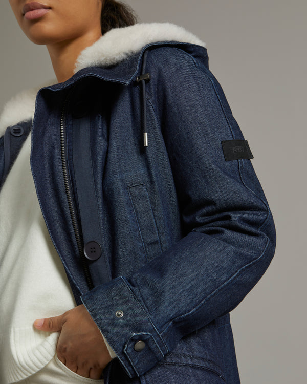 Long parka in cotton denim and shearling - blue/beige - Yves Salomon