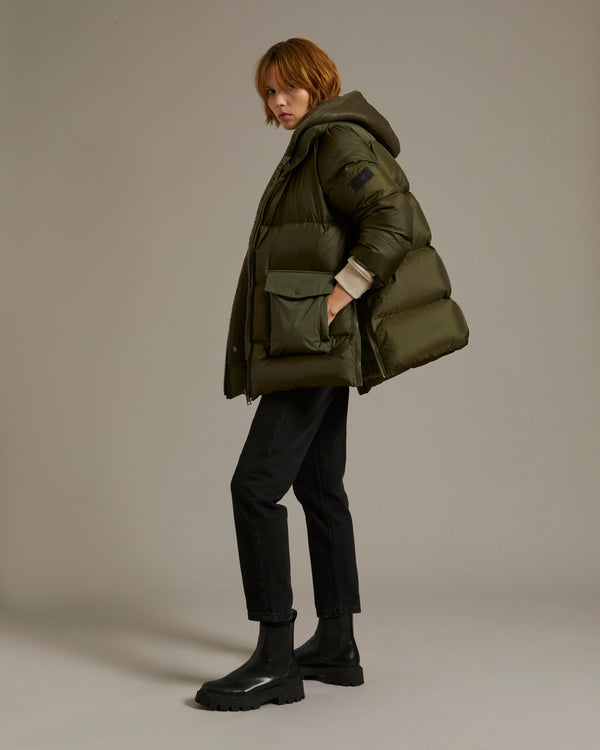 A line down jacket in a mix of technical fabrics with merino shearling hooded bib - khaki - Yves Salomon