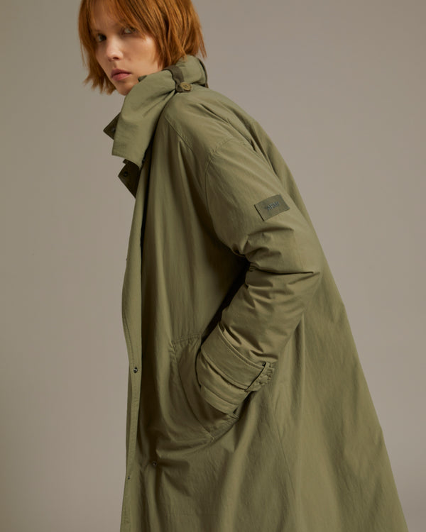 Technical fabric down-filled overcoat