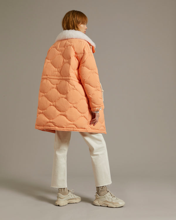 Down-filled coat in water-repellent technical fabric with short-haired lambskin collar trim - orange - Yves Salomon