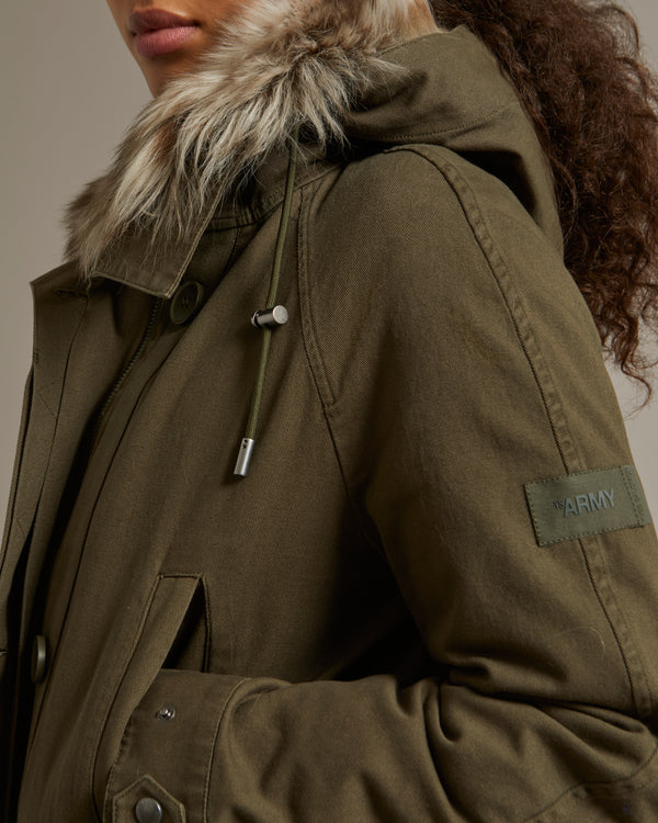 Long parka in cotton gabardine with fluffy lambswool hood trim