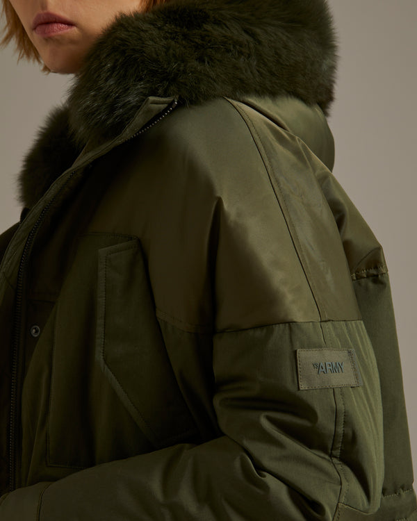 Long parka in a mix of technical fabrics with fox fur hood trim