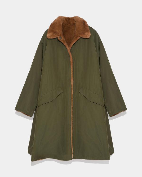 Reversible coat in water-repellent technical fabric and mink fur - khaki/beige - Yves Salomon