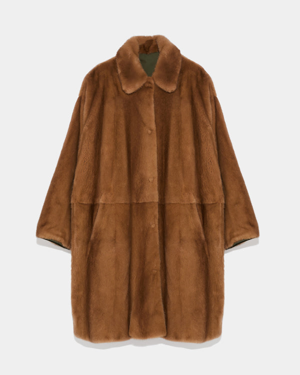 Reversible coat in water-repellent technical fabric and mink fur - khaki/beige - Yves Salomon