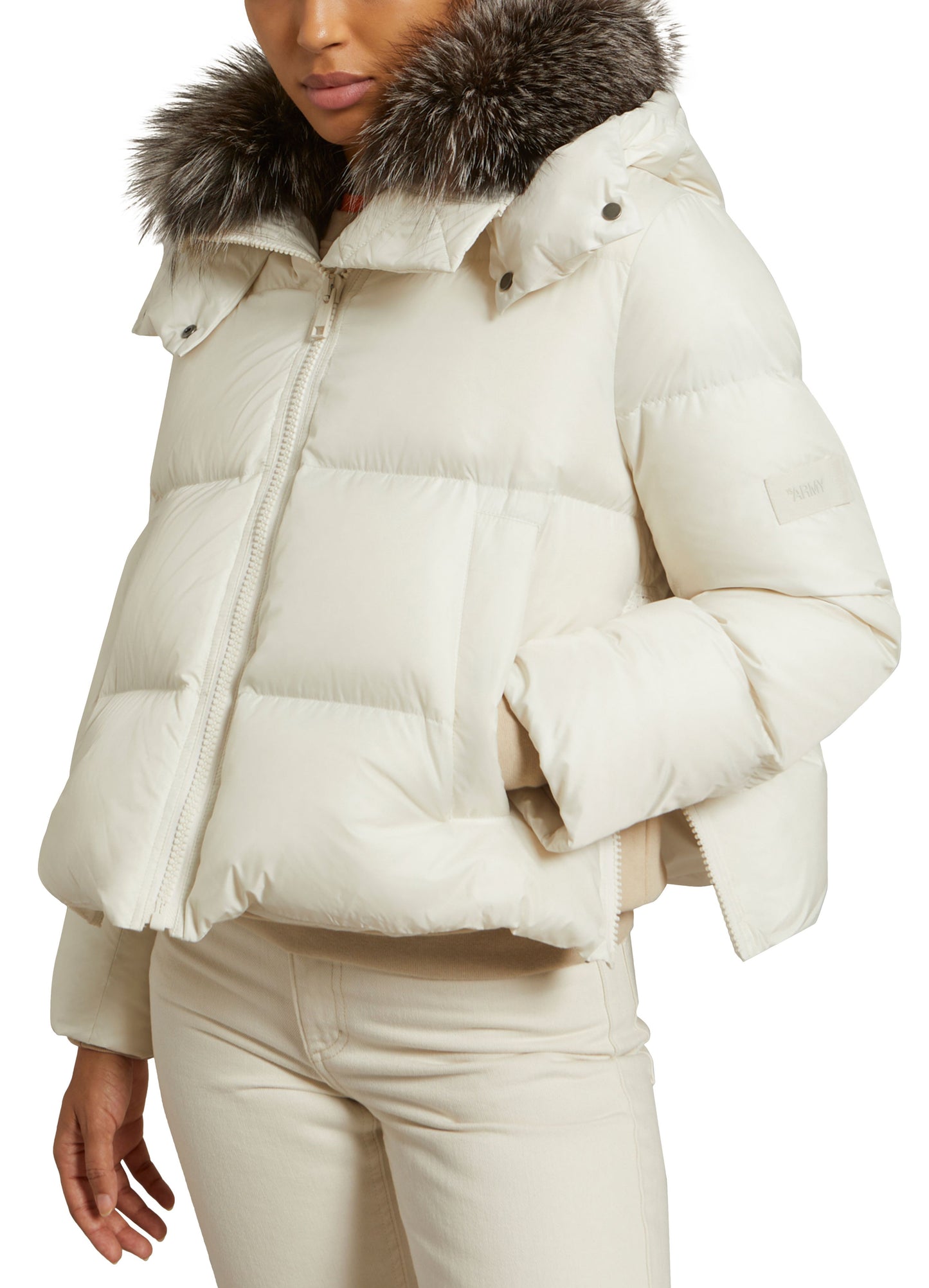 Winter sale & boxing day Yves Salomon -Short "A" line down jacket in water-repellent technical fabric with fox fur collar