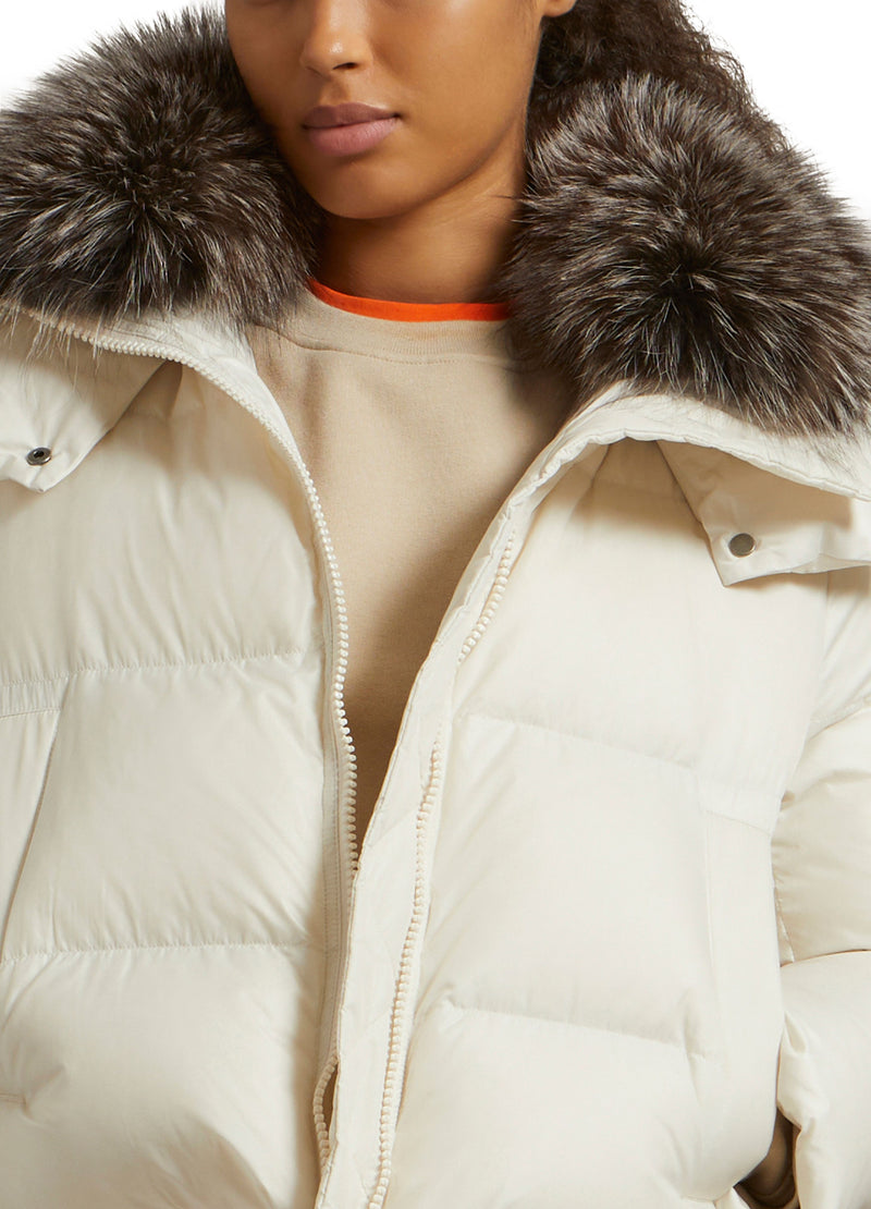 Short "A" line down jacket in water-repellent technical fabric with fox fur collar