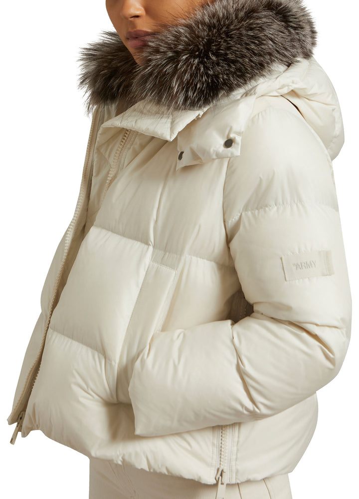 Winter sale & boxing day Yves Salomon -Short "A" line down jacket in water-repellent technical fabric with fox fur collar