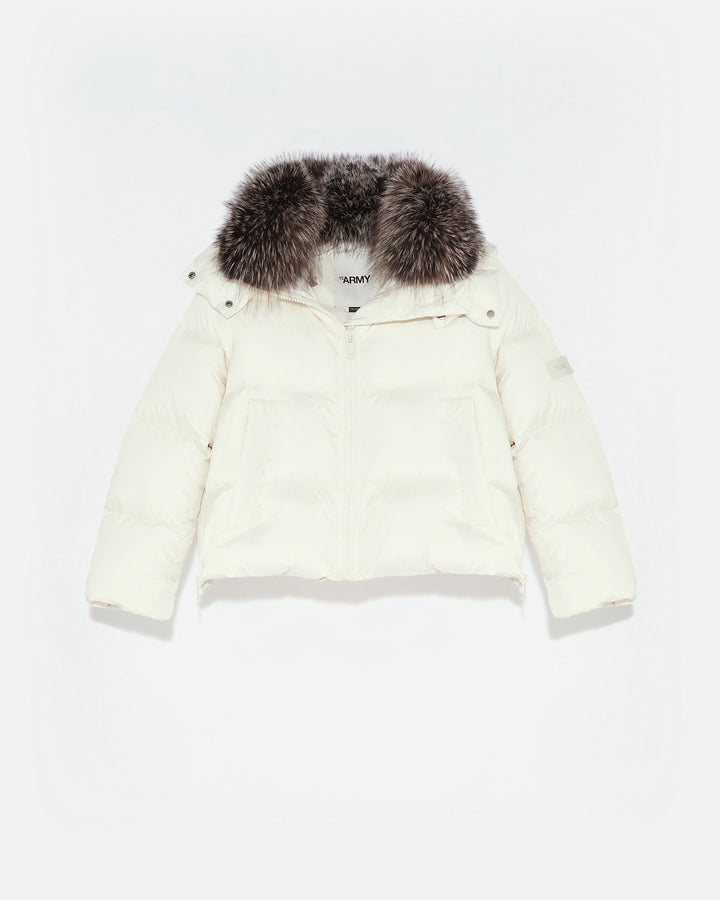 Winter sale & boxing day Yves Salomon -Short "A" line down jacket in water-repellent technical fabric with fox fur collar