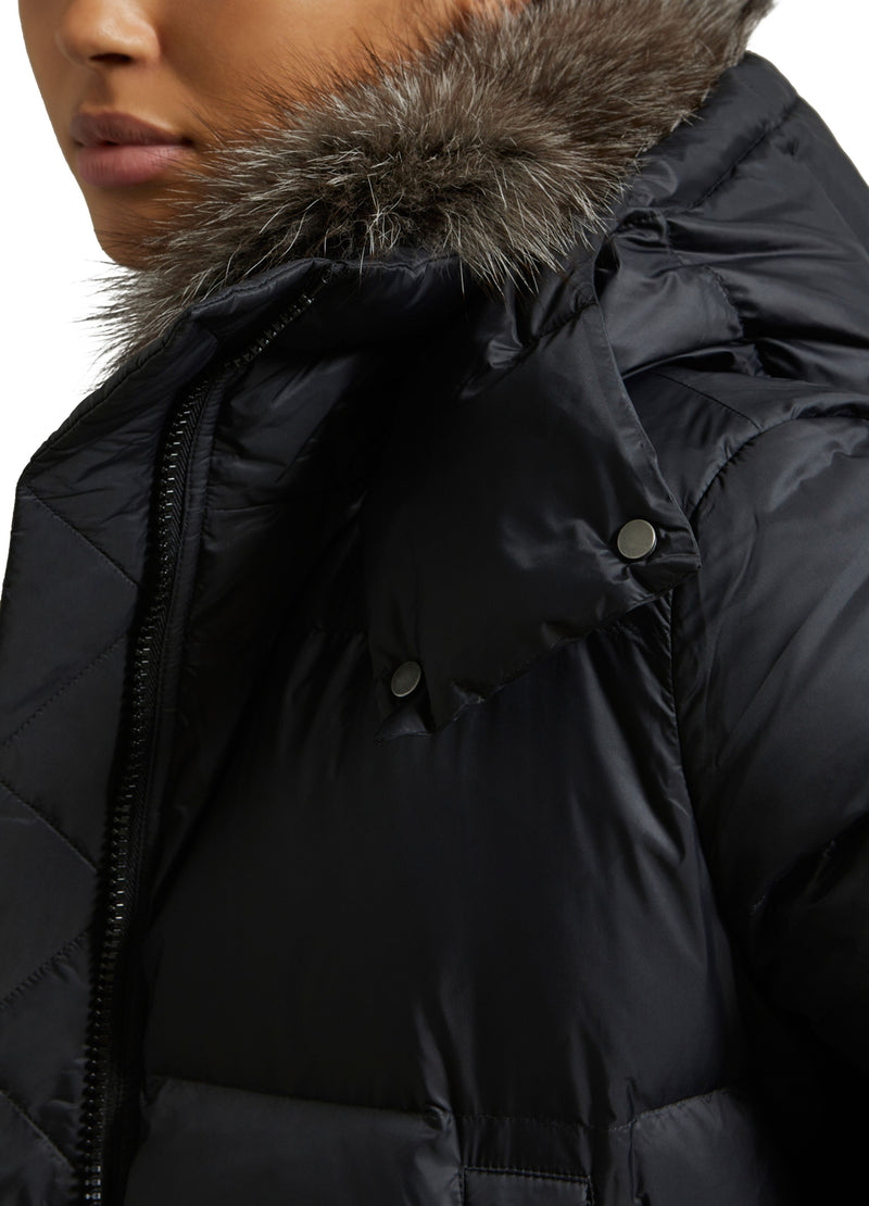 Short "A" line down jacket in water-repellent technical fabric with fox fur collar