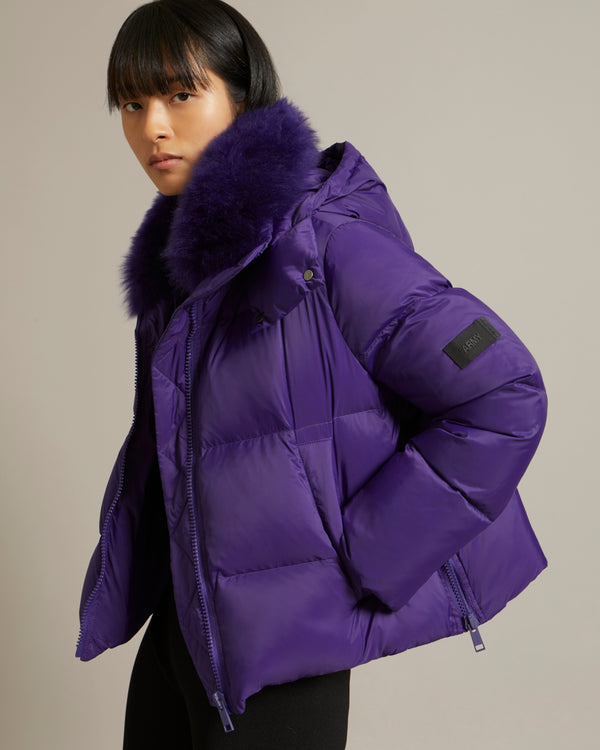 Short "A" line down jacket in water-repellent technical fabric with fluffy lambswool collar - purple - Yves Salomon