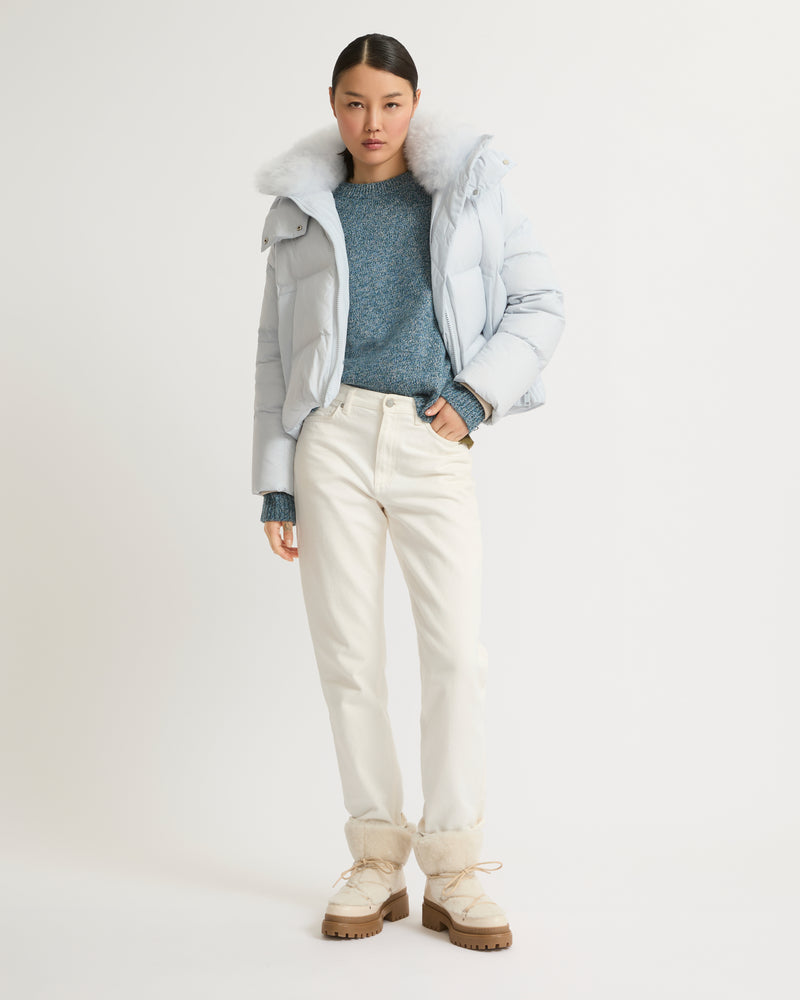 Short "A" line down jacket in water-repellent technical fabric with fluffy lambswool collar - blue - Yves Salomon