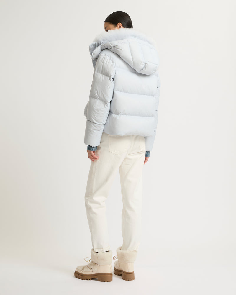 Short "A" line down jacket in water-repellent technical fabric with fluffy lambswool collar - blue - Yves Salomon