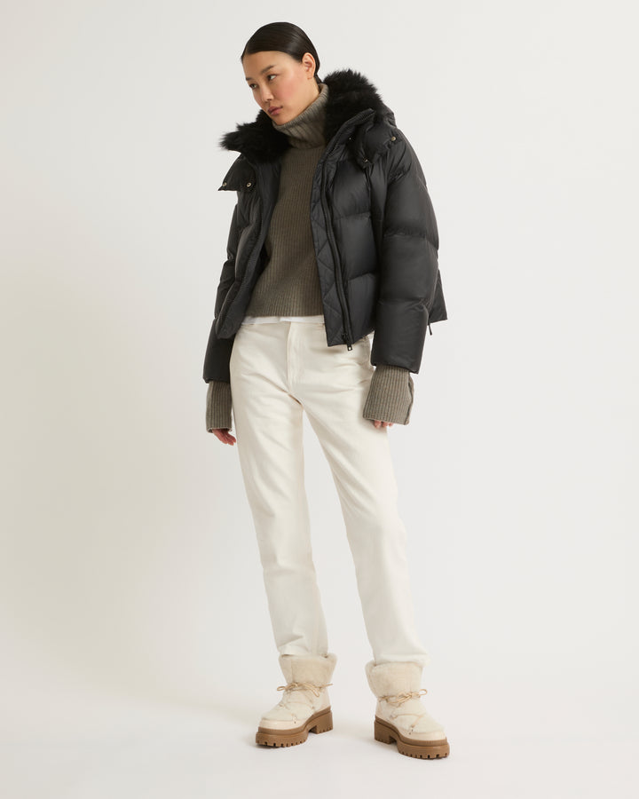 Short "A" line down jacket in water-repellent technical fabric with fluffy lambswool collar-Yves salomon-Winter sale & boxing day