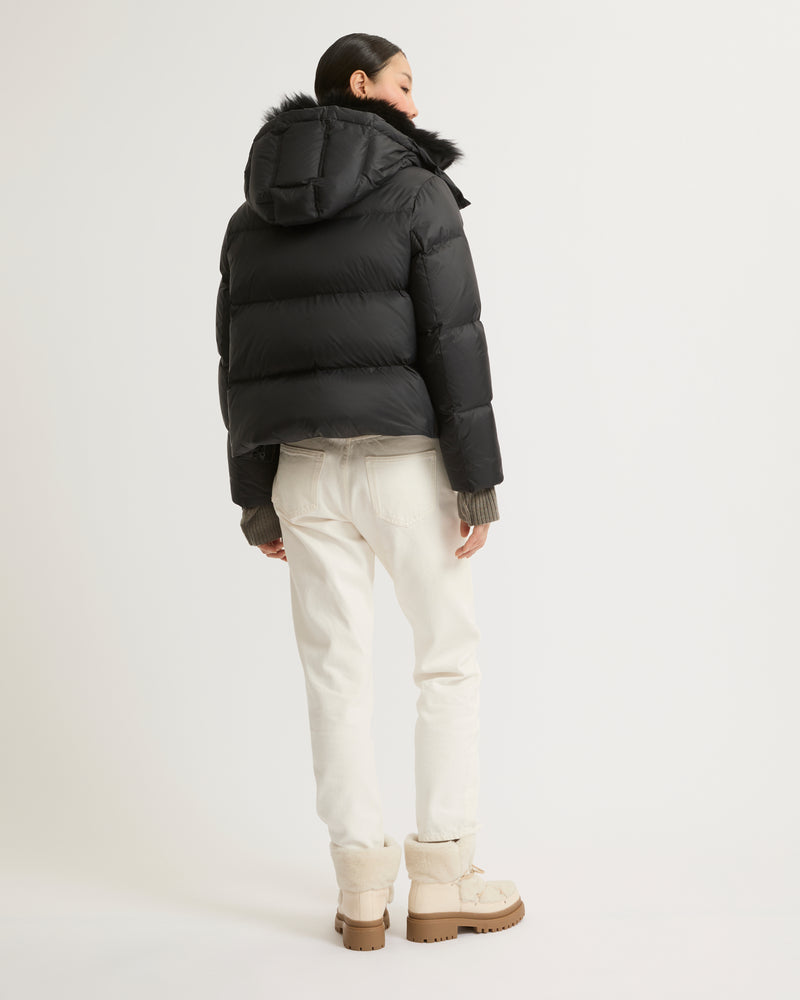 Short "A" line down jacket in water-repellent technical fabric with fluffy lambswool collar - black - Yves Salomon