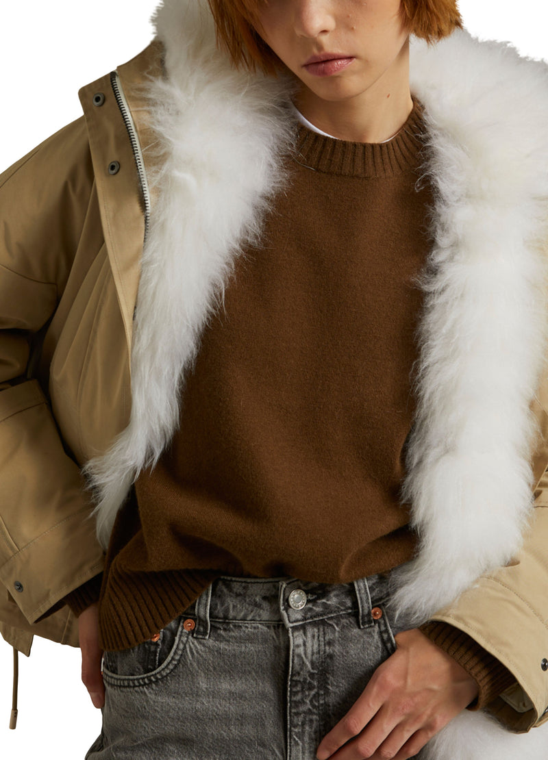 Cropped reversible parka in weather-resistant technical fabric and fluffy lambswool