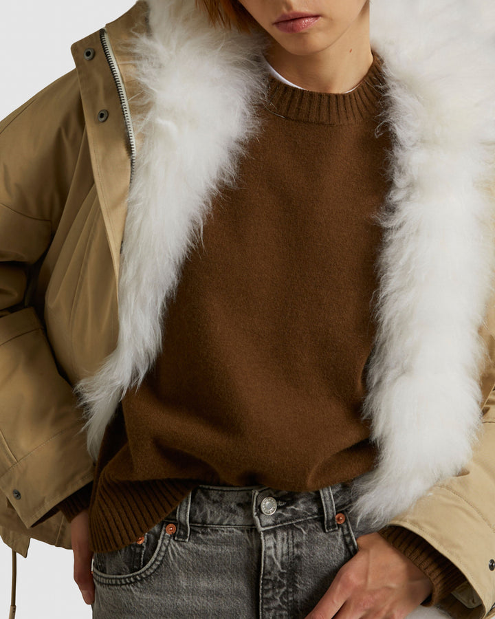 Cropped reversible parka in weather-resistant technical fabric and fluffy lambswool