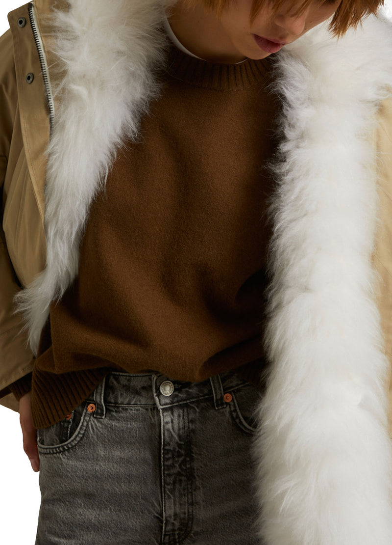 Cropped reversible parka in weather-resistant technical fabric and fluffy lambswool