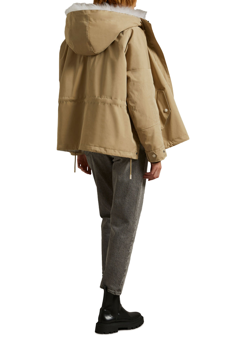 Cropped reversible parka in weather-resistant technical fabric and fluffy lambswool