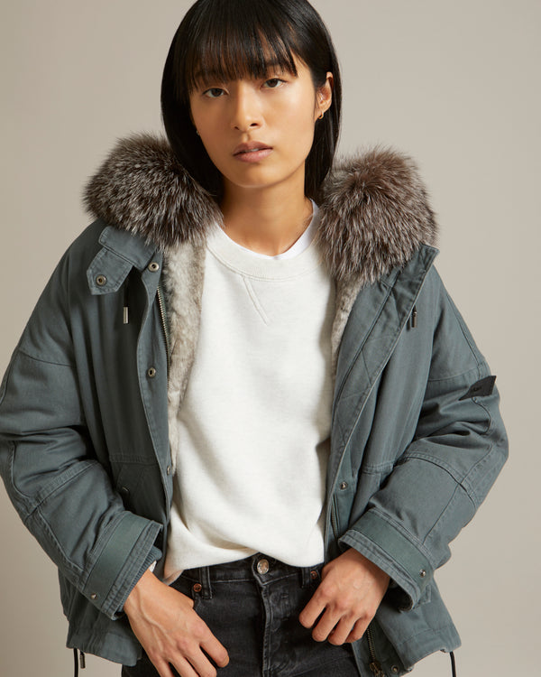 Cropped parka in cotton gabardine with fox and rabbit fur - blue grey - Yves Salomon
