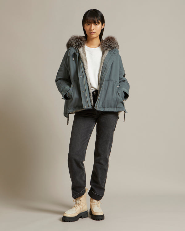 Cropped parka in cotton gabardine with fox and rabbit fur - blue grey - Yves Salomon