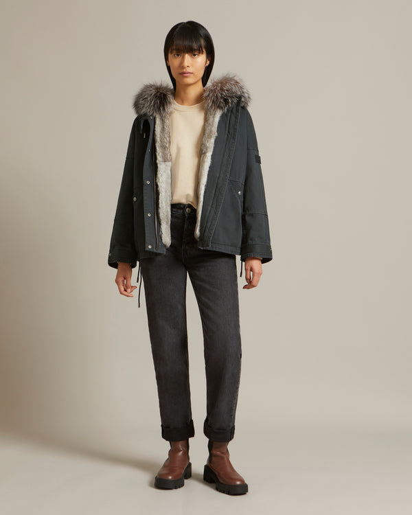 Cropped parka in cotton gabardine with fox and rabbit fur