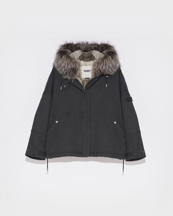 Cropped parka in cotton gabardine with fox and rabbit fur - black - Yves Salomon