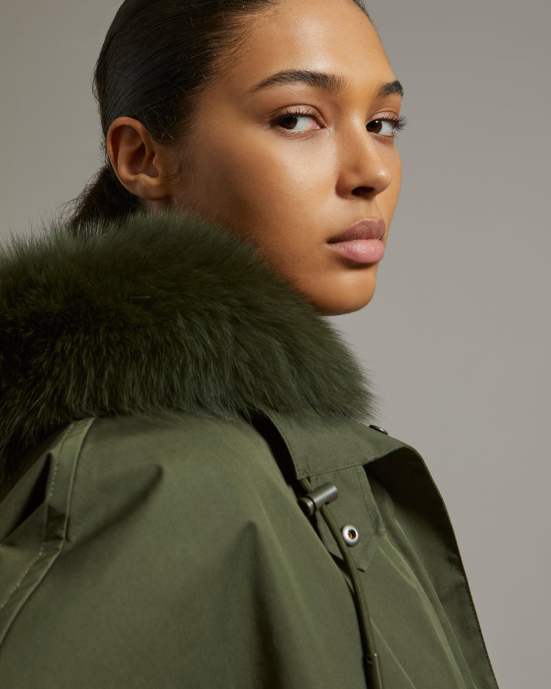 Cropped parka in waterproof technical fabric with fox and rabbit fur -  khaki - Yves Salomon – Yves Salomon US
