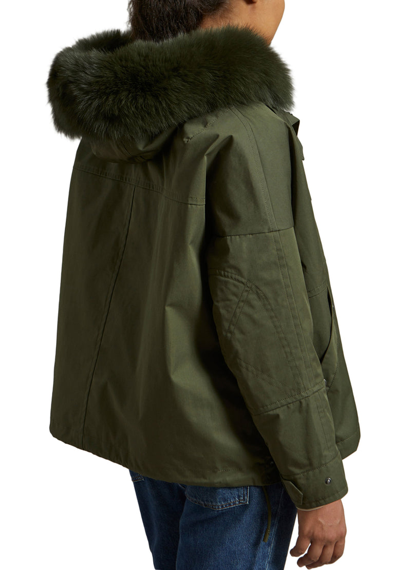 Cropped parka in waterproof technical fabric with fox and rabbit fur