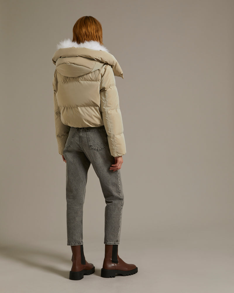 Cropped down jacket in a water-repellent glossy technical fabric with  fluffy lambswool collar trim