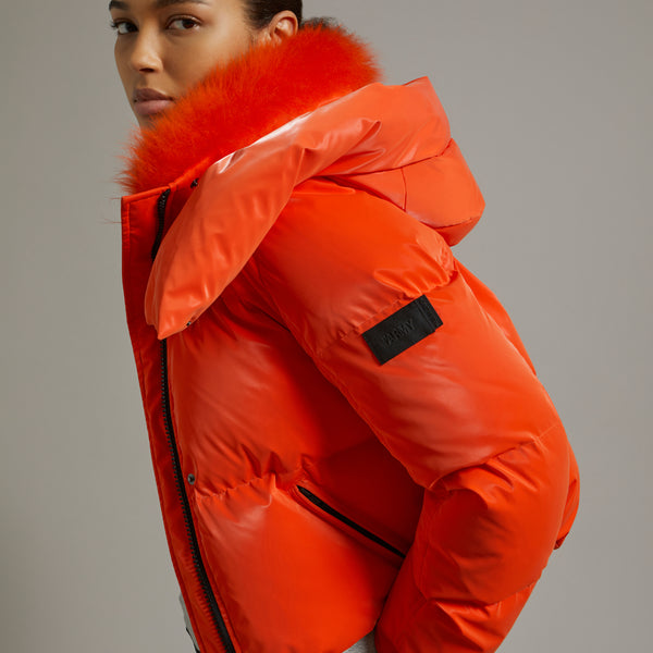 Cropped down jacket in a water-repellent glossy technical fabric with  fluffy lambswool collar trim