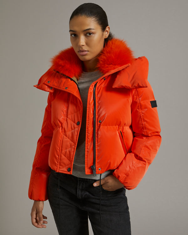 Cropped down jacket in a water-repellent glossy technical fabric with fluffy lambswool collar trim