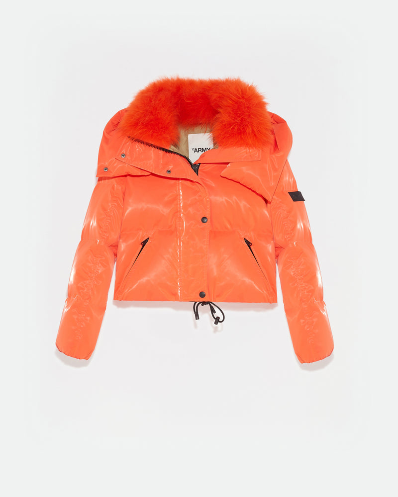 Cropped down jacket in a water-repellent glossy technical fabric with  fluffy lambswool collar trim