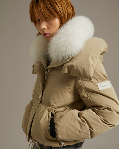 Cropped down jacket in technical fabric with fox fur collar trim