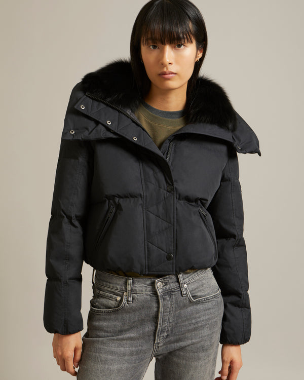 Cropped down jacket in technical fabric with fox fur collar trim - black - Yves Salomon