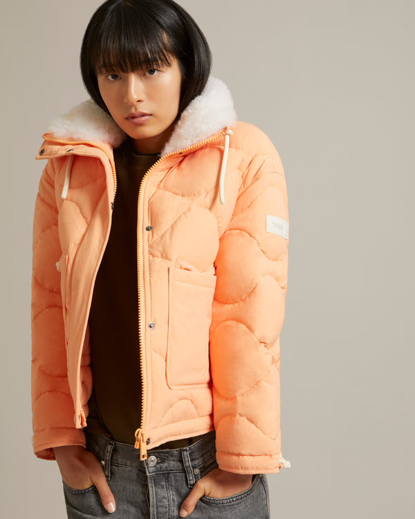 Down jacket in water-repellent technical fabric with short-haired lambskin collar trim - orange - Yves Salomon