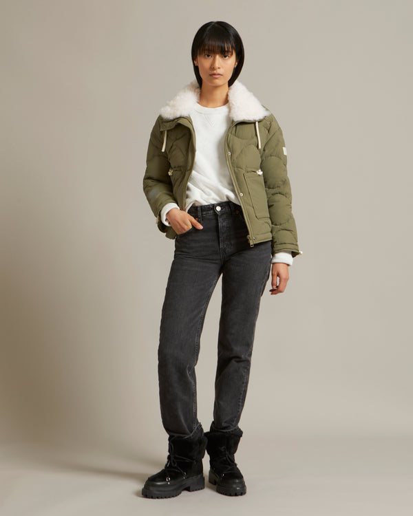 Down jacket in water-repellent technical fabric with short-haired lambskin collar trim - green - Yves Salomon