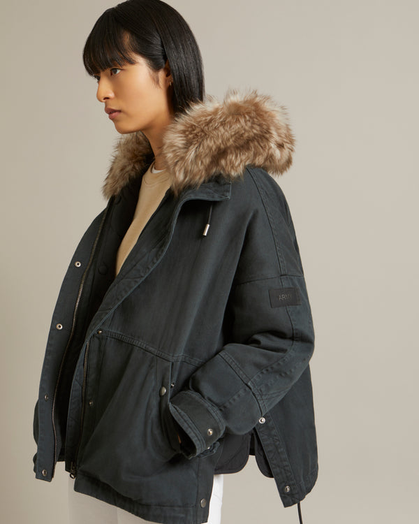 Cropped parka in cotton gabardine with fluffy lambswool hood trim - black - Yves Salomon