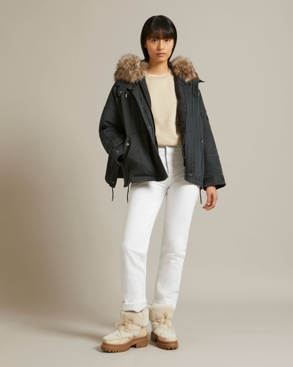 Cropped parka in cotton gabardine with fluffy lambswool hood trim - black - Yves Salomon