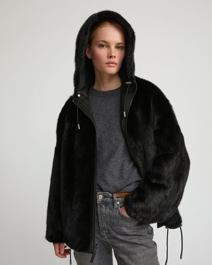 Short reversible parka in water-repellent technical fabric and long-haired mink