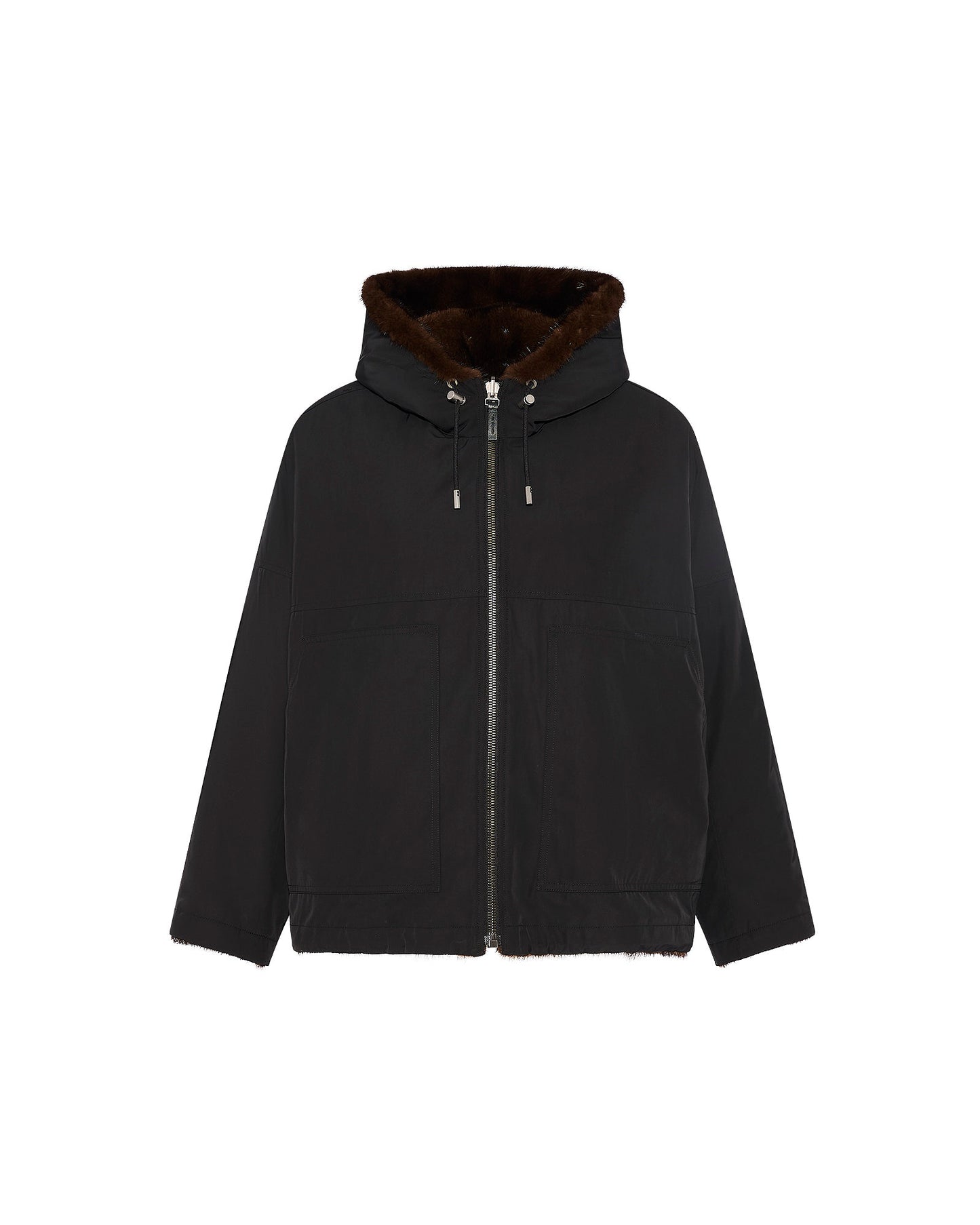 Short reversible parka in water-repellent technical fabric and long-haired mink