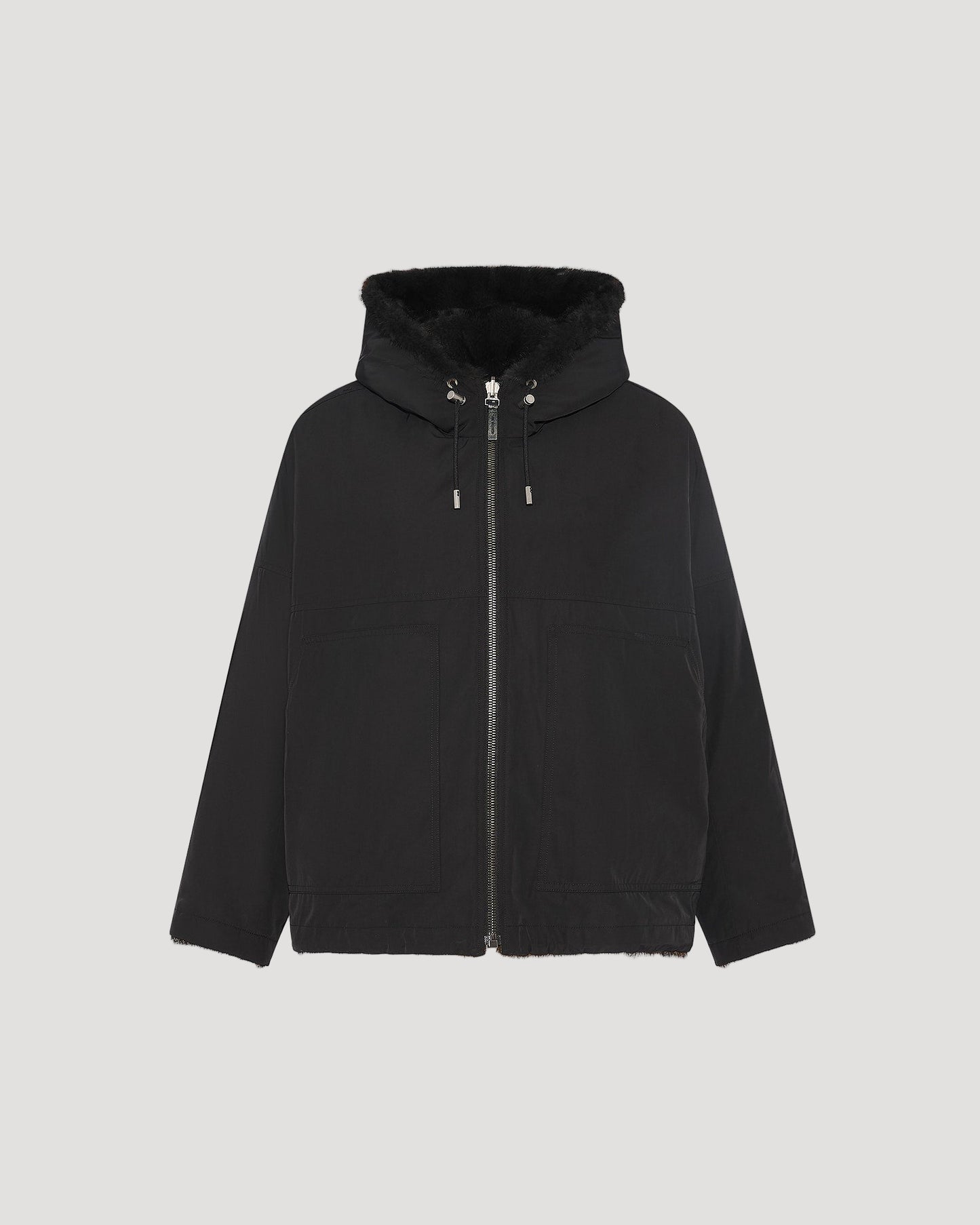 Short reversible parka in water-repellent technical fabric and long-haired mink fur