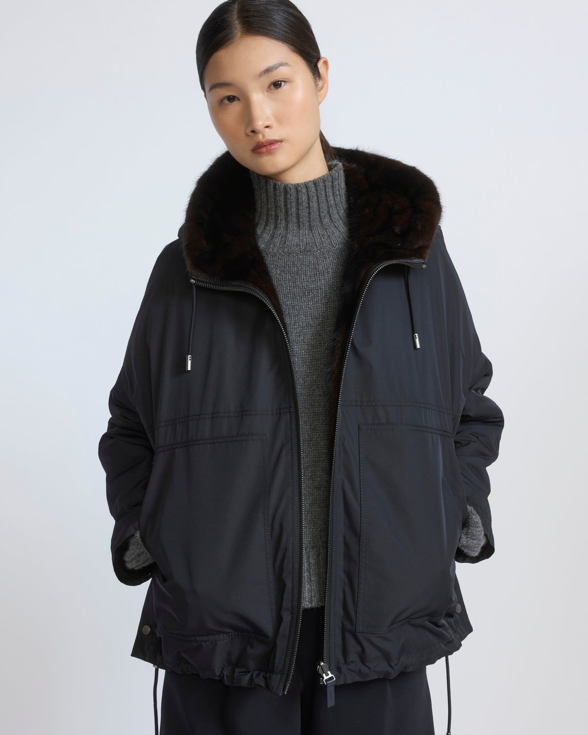 Short reversible water-repellent technical fabric jacket with mink fur - Yves Salomon - New Fall/Winter Collection