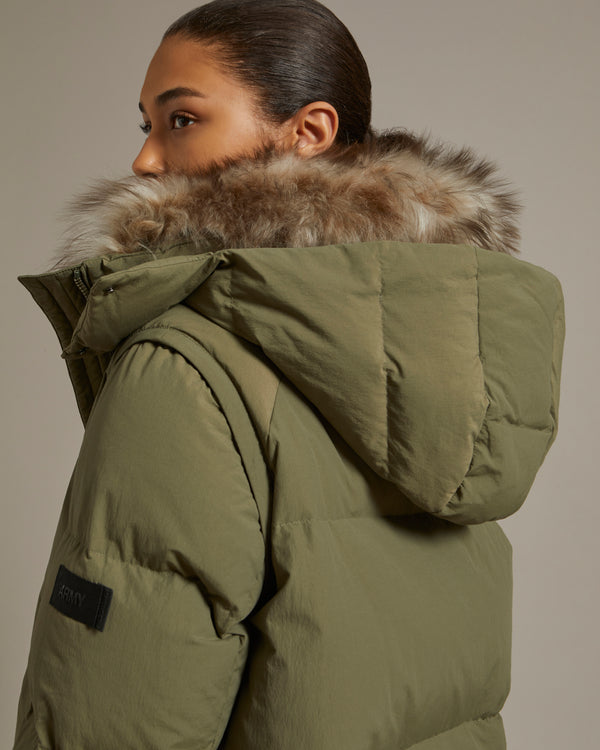 3/4 water-repellent down jacket with collar trim in fluffy lambswool