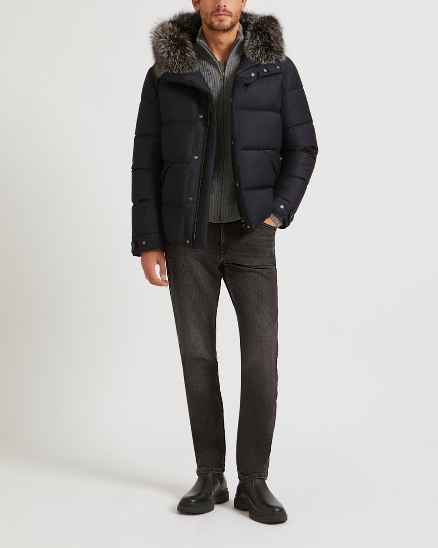 Hooded Down Jacket made with waterproof Loro Piana fabric and fox fur trim
