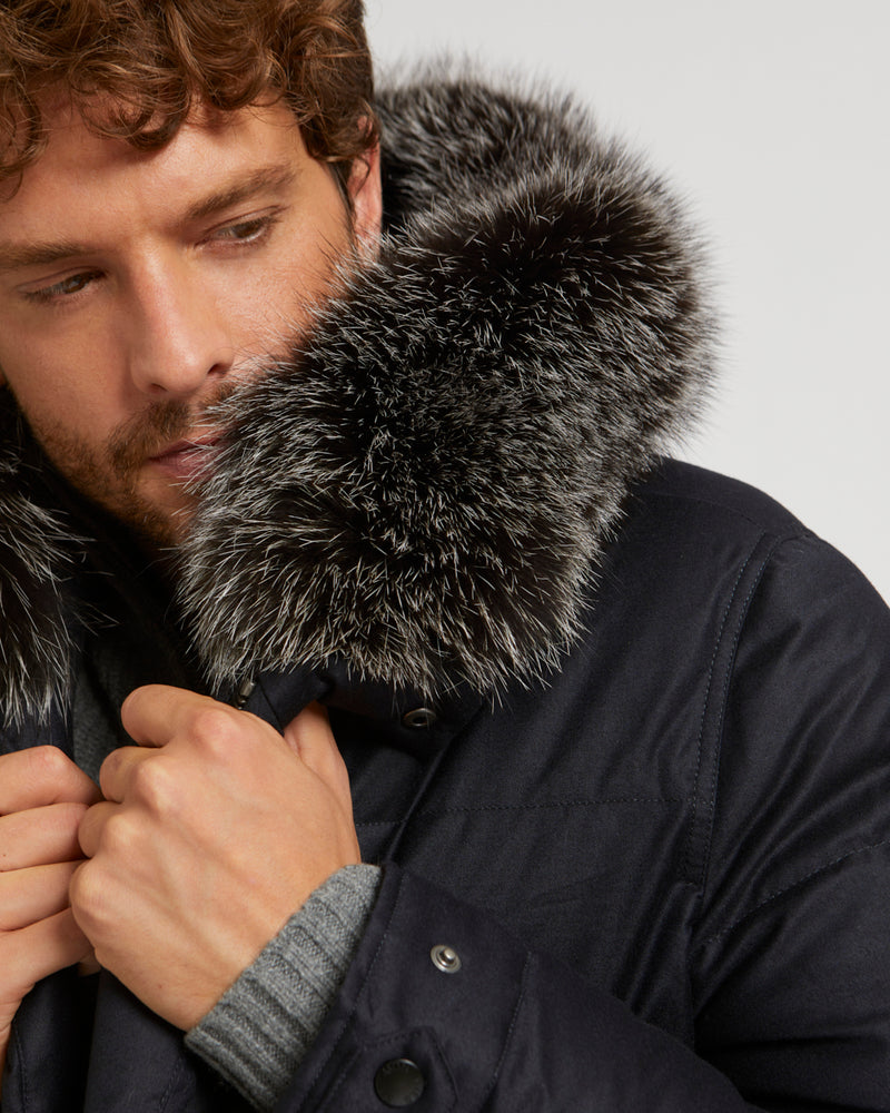 Loro Piana Fabric Down Jacket With Fox Fur Trim - navy - Yves Salomon