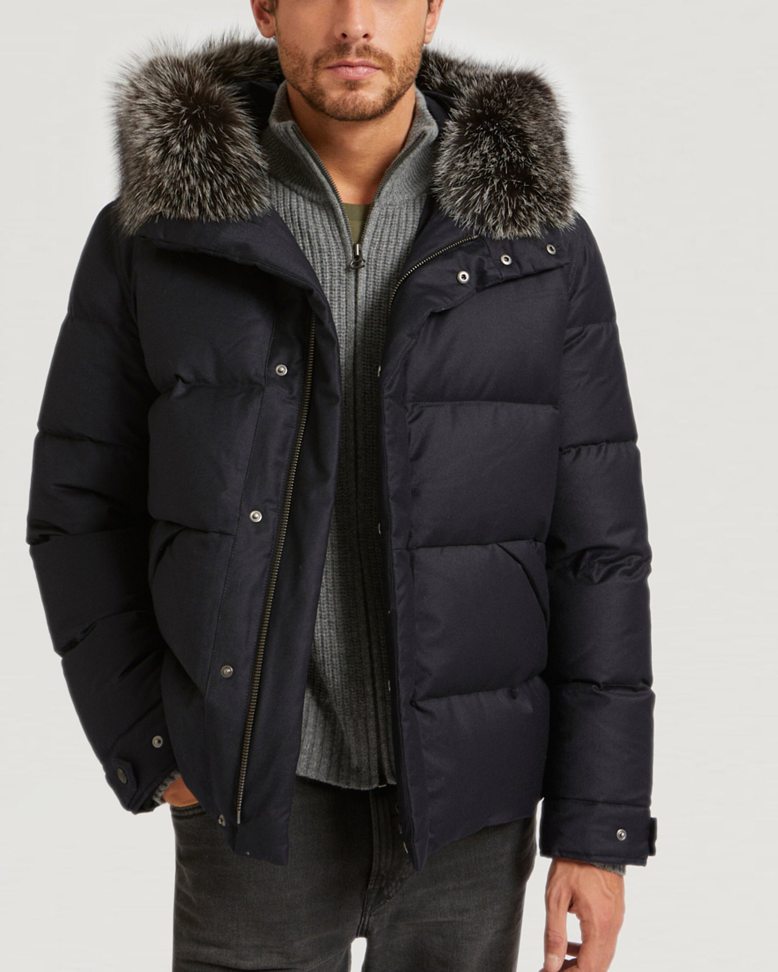 Loro Piana Fabric Down Jacket With Fox Fur - navy - Yves